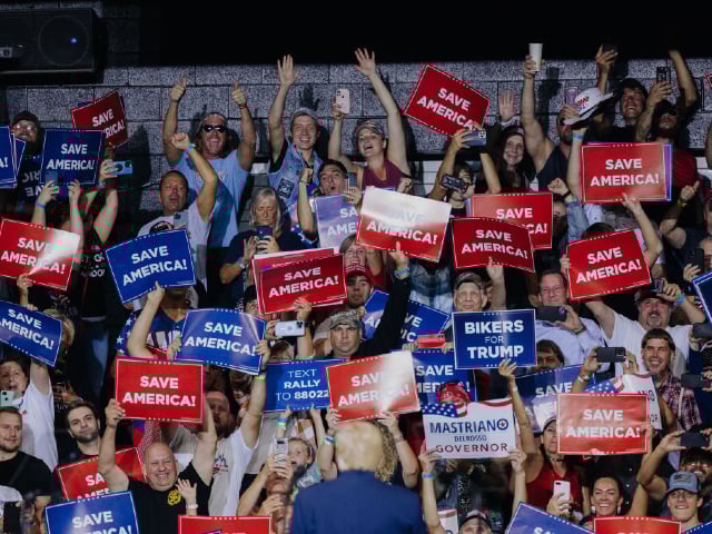 Former US President Donald Trump looks to the audience before speaking during a rally in Wilkes-Barre, Pennsylvania, US, on Saturday, Sept. 3, 2022. Trump used a Pennsylvania rally to vent his anger at an FBI search of his Florida home and President Joe Biden’s attack on political extremism, staking his claim as his successor’s election rival in 2024. Photographer: Michelle Gustafson/Bloomberg