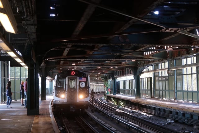 An F train pulls into the West 8th Street subway station at Coney Island in Brooklyn on Sept. 15, 2019.