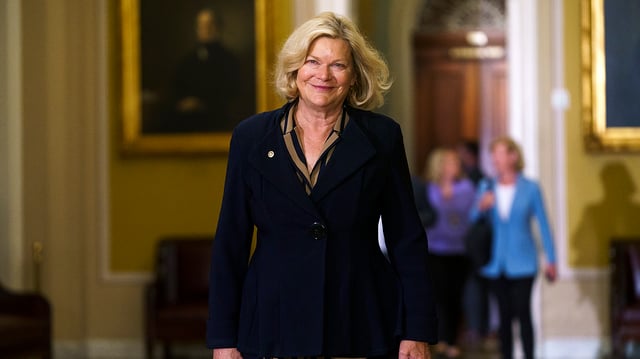 Sen. Cynthia Lummis (R-Wyo.) arrives for an all Senators meeting to hear from Ukrainian President Volodymyr Zelensky discuss future aide for the war effort on Thursday, September 21, 2023.
