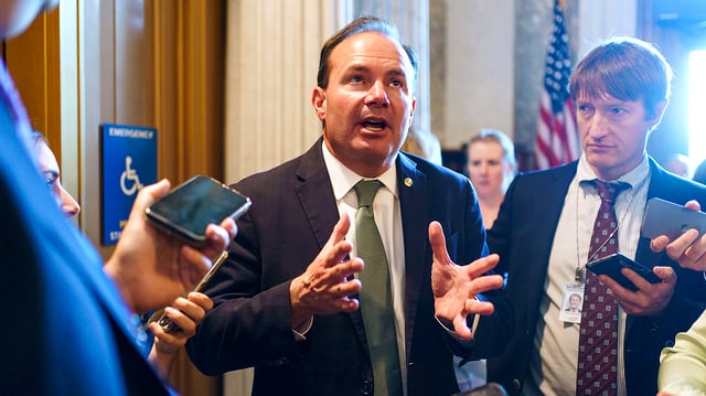 Sen. Mike Lee (R-Utah) speaks to reporters about amendments following a lunch with Senate Republicans on Thursday, June 1, 2023. The Senate is figuring out how to proceed with the Fiscal Responsibility Act to raise the debt ceiling.