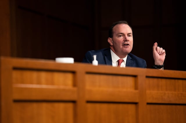 U.S. Sen. Mike Lee (R-UT) speaks during Supreme Court Justice nominee Judge Amy Coney Barrett's Senate Judiciary Committee confirmation hearing for Supreme Court Justice in the Hart Senate Office Building on October 12, 2020 in Washington, DC.