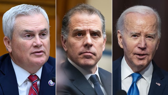 From left: House Oversight Chair James Comer, Hunter Biden and President Joe Biden.