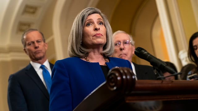 Sen. Joni Ernst (R-Iowa) addresses reporters after the weekly policy luncheon on Tuesday, January 9, 2024.