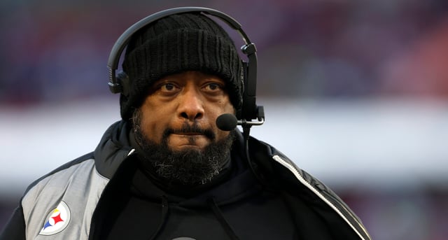 ORCHARD PARK, NEW YORK - JANUARY 15: Head coach Mike Tomlin of the Pittsburgh Steelers looks on during the first quarter against the Buffalo Bills at Highmark Stadium on January 15, 2024 in Orchard Park, New York. (Photo by Sarah Stier/Getty Images)