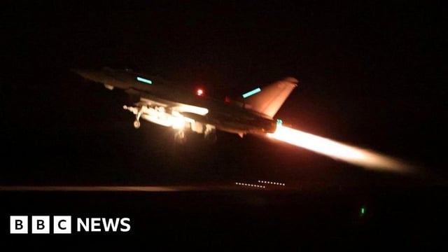 An RAF Typhoon aircraft takes off at night ahead of strikes on Houthi positions in Yemen