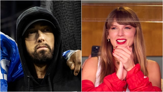 Some Taylor Swift fans weren't pleased Eminem was shown Sunday during the Lions/Rams game. See the best reactions. (Credit: Getty Images)