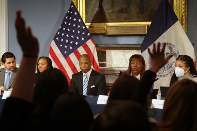 Mayor Eric Adams speaks at a press availability on Jan. 8, 2024.