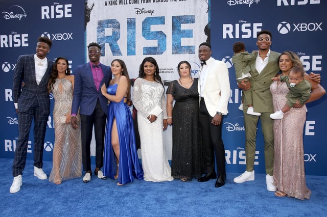 Kostas Antetokounmpo, Alex Antetokounmpo, Veronica "Vera" Antetokounmpo, Thanasis Antetokounmpo and Giannis Antetokounmpo with family attend the world premiere of Rise at Walt Disney Studios in Burbank, California on June 22, 2022.