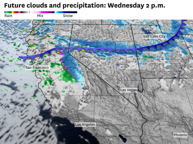 A cold front is expected to move across Northern California on Wednesday afternoon and bring rain showers to the coast and heavy snow to the Sierra Nevada.