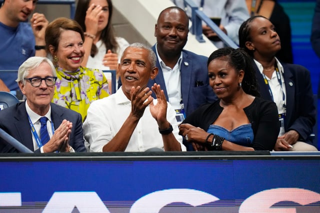 Former President Barack Obama and his wife Michelle attend the first round of the U.S. Open tennis championships, Monday, Aug. 28, 2023, in New York.