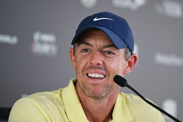 DUBAI, UNITED ARAB EMIRATES - JANUARY 17: Rory McIlroy of Northern Ireland talks to the media during a press conference prior to the Hero Dubai Desert Classic at Emirates Golf Club on January 17, 2024 in Dubai, United Arab Emirates. (Photo by Alex Burstow/Getty Images)