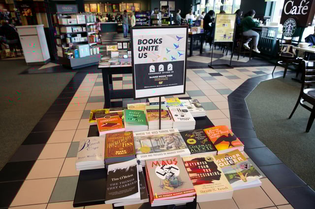FILE – A display of banned books sits in a Barnes & Noble book store in Pittsford, N.Y., on Sept. 25, 2022. (AP Photo/Ted Shaffrey, File)