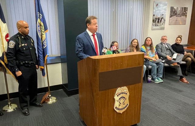 Retired Sgt. David Ellison speaks at a press conference Thursday, Jan. 18, 2024, as law enforcement announces a suspect in a nearly 50-year-old cold case.