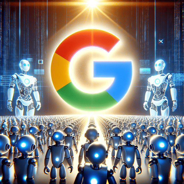 A visualization of Google search maintaining dominance in the search market despite competition from AI chatbots. The Google 'G' logo stands above a crowd of small robots who look towards it in the shadows.