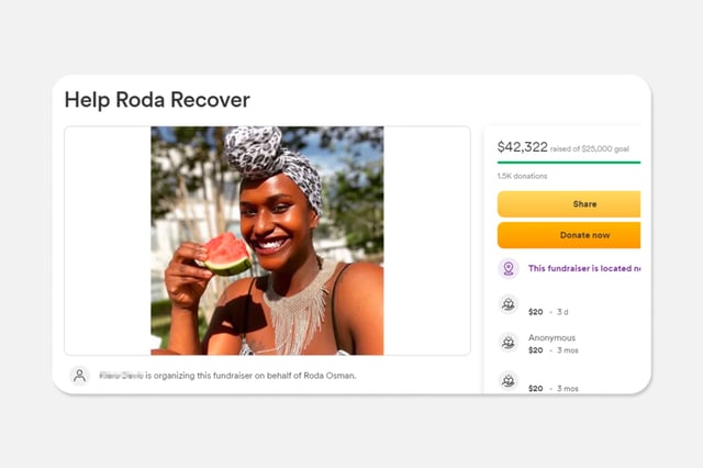 A now-deleted GoFundMe page organized for Roda Osman.