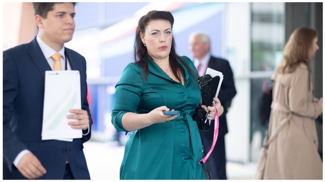 Alicia Kearns MP, with matching outfit and phone case, during the Conservative Party Conference at Manchester Central Convention Complex, Manchester on Monday 2nd October 2023. (Photo by Pat Scaasi/MI News/NurPhoto via Getty Images)
