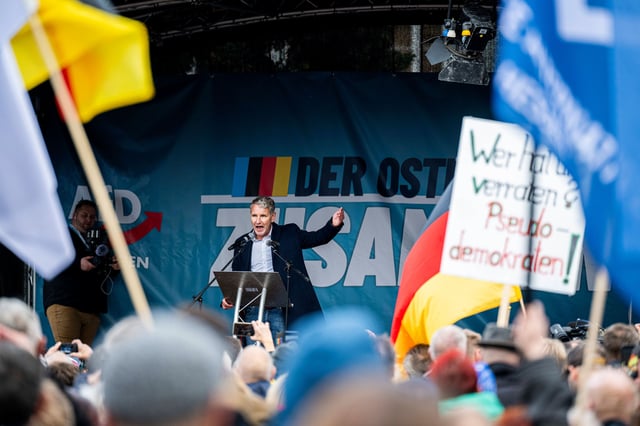 Far-right politician Bjoern Hoecke, the Alternative for Deutschland (AfD) regional leader for the state of Thuringia, at an AfD demonstration in Erfurt, Germany, on October 28.