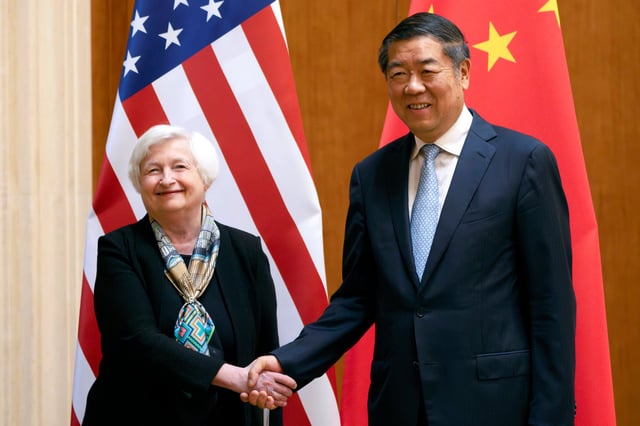 US Treasury Secretary Janet Yellen (left) shakes hands with Chinese Vice-Premier He Lifeng during their meeting in Beijing on July 8, 2023. Photo: AP