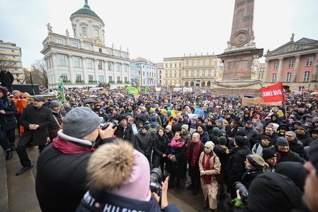 Foreign Minister Annalena Baerbock and Chancellor Olaf Scholz, center right, attend a rally in Potsdam Sunday.