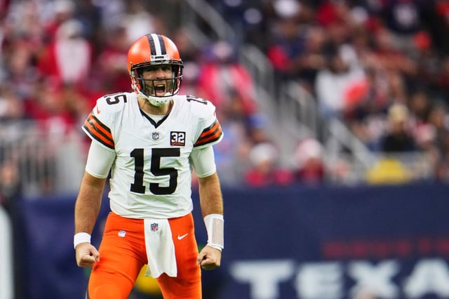HOUSTON, TX - DECEMBER 24: Joe Flacco #15 of the Cleveland Browns celebrates after a touchdown against the Houston Texans during the first half at NRG Stadium on December 24, 2023 in Houston, Texas. (Photo by Cooper Neill/Getty Images)