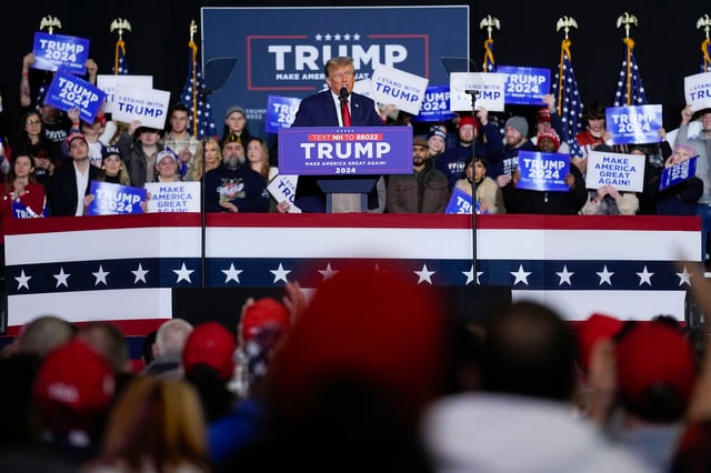 Republican presidential candidate former President Donald Trump speaks during a campaign event in Manchester, N.H., Saturday, Jan. 20, 2024.
