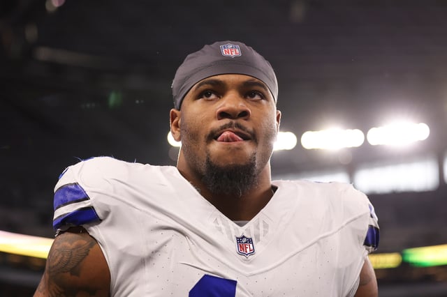 ARLINGTON, TX - JANUARY 14: Micah Parsons #11 of the Dallas Cowboys warms up prior to an NFL wild-card playoff football game against the Green Bay Packers at AT&T Stadium on January 14, 2024 in Arlington, Texas. (Photo by Perry Knotts/Getty Images)