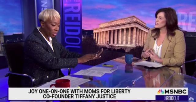 MSNBC host Joy Reid tangles with Moms for LIberty co-founder Tiffany Justice on Friday's episode of "The ReidOut." (MSNBC / YouTube screen shot)