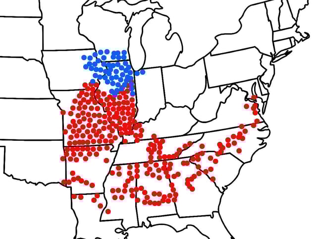 A map of where the two cicada broods will emerge across the United States this summer. The broods will overlap in a small area in Illinois.