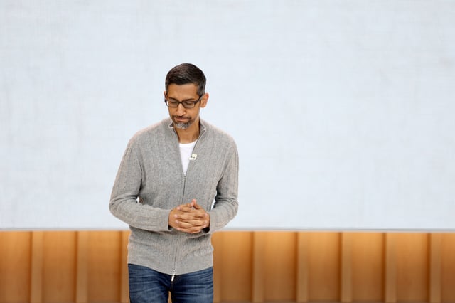 Sundar Pichai delivers the keynote address at the Google I/O developers conference at Shoreline Amphitheatre on May 10, 2023