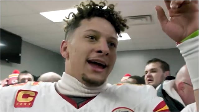 Patrick Mahomes was on fire Sunday night after the Chiefs beat the Bills. Watch his awesome locker room speech. (Credit: Screenshot/Twitter Video https://twitter.com/NFL/status/1749539579299074190)