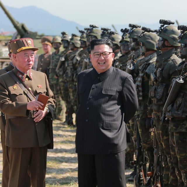 North Korean leader Kim Jong-Un (C) presiding over a target strike exercise conducted by the special operation forces of the Korean People's Army (KPA) at an undisclosed location on August 26, 2017..The secretive nation allocates up to 30 percent of its gross domestic product (GDP) to military spending, making it the country with the highest defense spending in the world as a percentage of GDP.