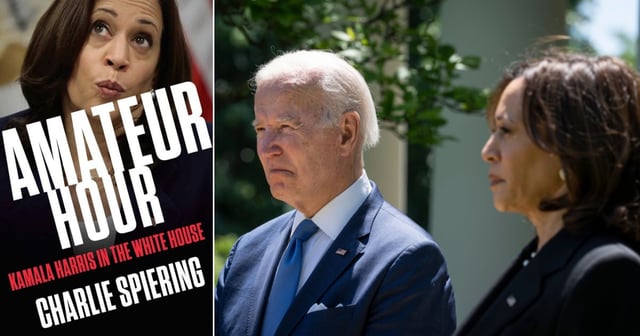 Charles Spiering's "Amateur Hour," left, details Joe Biden's choice of Kamala Harris as his running mate. At right, Biden and Harris are seen in the Rose Garden of the White House in Washington on May 9, 2022. (SimonandSchuster.com; Drew Angerer / Getty Images)