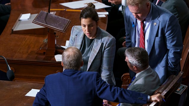 Rep. Elise Stefanik (R-N.Y.) speaks with Rep. Jim Jordan (R-Ohio) in the House Chamber following the second vote for Speaker of the House on Wednesday, October 18, 2023.