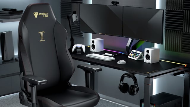 Secretlab's latest gaming chair, the Titan Evo Lite, in front of a gaming PC setup.