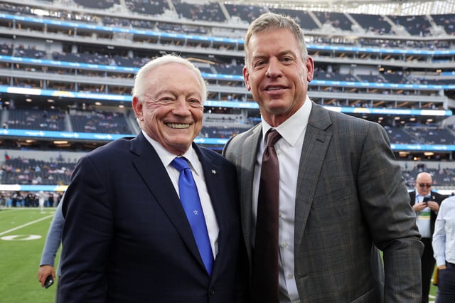 INGLEWOOD, CALIFORNIA - OCTOBER 16: Dallas Cowboys owner and general manager Jerry Jones poses with former Cowboys quarterback Troy Aikman before the game between the Dallas Cowboys and the Los Angeles Chargers at SoFi Stadium on October 16, 2023 in Inglewood, California. (Photo by Kevork Djansezian/Getty Images)