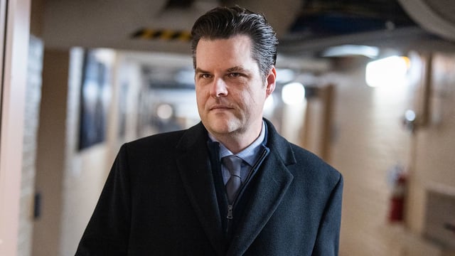 Rep. Matt Gaetz, a Republican from Florida arrives to a meeting of the House Republican Conference in the US Capitol on January 10, 2024.