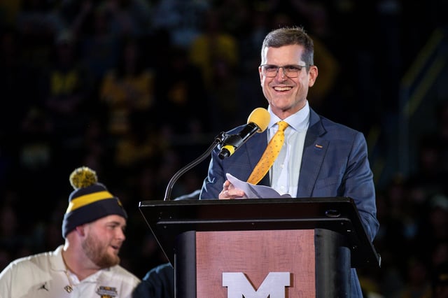 Michigan head coach Jim Harbaugh speaks during the national championship celebration at Crisler Center in Ann Arbor on Saturday, Jan. 13, 2024.