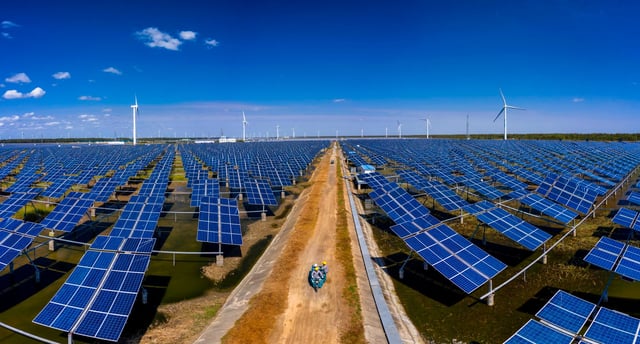 Photo shows maintenance personnel driving trough the solar panels and wind turbines of Wind, Solar and Fishing Base in Dongtai near Yancheng, Jiangsu province, China. Photo: EPA-EFE
