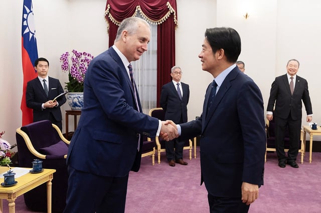US Representative Mario Diaz-Balart  shaking hands with Taiwan's President-elect Lai Ching-te during a meeting at the Presidential Office on Jan. 25, 2024 in Taipei. 