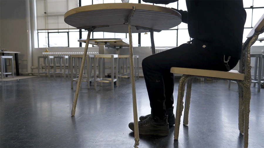 Several short video clips demonstrating MIT researchers 3D-printing structural metal elements for furniture.