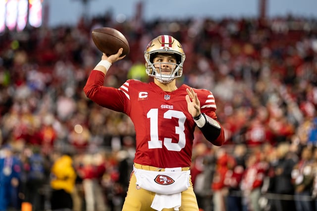 Brock Purdy #13 of the San Francisco 49ers looks to pass as he warms up prior to an NFL divisional round playoff football game between the San Francisco 49ers and the Green Bay Packers at Levi's Stadium on January 20, 2024 in Santa Clara, California.