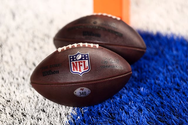 DETROIT, MI - JANUARY 21: A detail shot of two Wilson footballs prior to an NFL divisional round playoff football game between the Detroit Lions and the Tampa Bay Buccaneers at Ford Field on January 21, 2024 in Detroit, Michigan. (Photo by Kevin Sabitus/Getty Images)