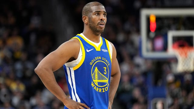SAN FRANCISCO, CALIFORNIA - JANUARY 04: Chris Paul #3 of the Golden State Warriors looks on against the Denver Nuggets during the third quarter of an NBA basketball game at Chase Center on January 04, 2024 in San Francisco, California.