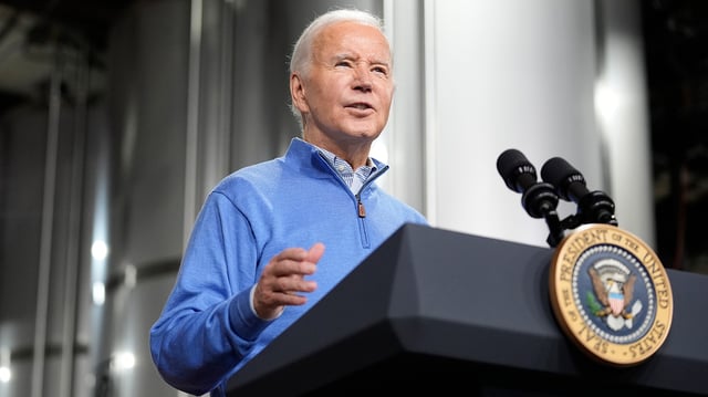 President Joe Biden speaks at the Earth Rider Brewery, Thursday, Jan. 25, 2024, in Superior, Wis. Biden is returning to the swing state of Wisconsin to announce $5 billion in federal funding for upgrading the Blatnik Bridge and for dozens of similar infrastructure projects nationwide. (AP Photo/Alex Brandon)