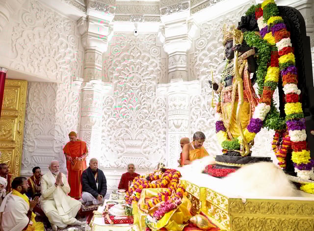 Indian Prime Minister Narendra Modi presides over the idol consecration ceremony at the opening of the Ram Temple in Ayodhya. (Imtiyaz Khan/Anadolu via Getty Images)