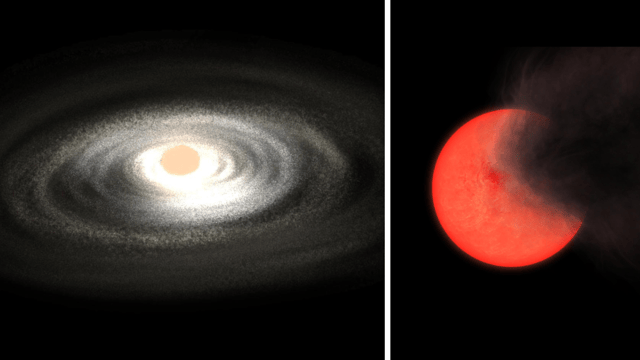 (left) an illustration of a screaming newborn star (right) an artist's interptation of a anceint 'old smoker' star