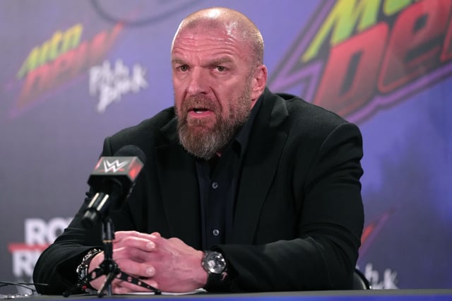 Jan 28, 2023; San Antonio, TX, USA; WWE Chief Content Officer Paul Levesque aka Triple H speaks during a press conference after the WWE Royal Rumble at the Alamodome.