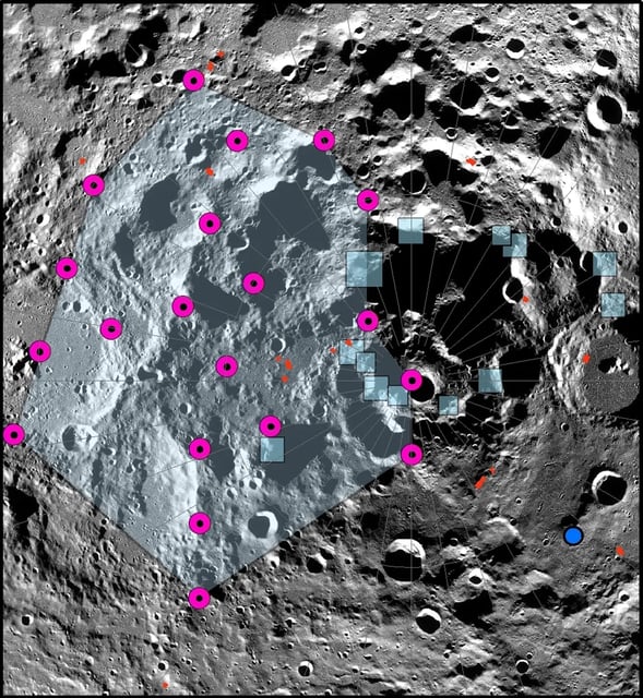 The epicenter of one of the strongest moonquakes recorded by the Apollo Passive Seismic Experiment was located in the lunar south polar region. However, the exact location of the epicenter could not be accurately determined. A cloud of possible locations (magenta dots and light blue polygon) of the strong shallow moonquake using a relocation algorithm specifically adapted for very sparse seismic networks are distributed near the pole. Blue boxes show locations of proposed Artemis III landing regions. Lobate thrust fault scarps are shown by small red lines. The cloud of epicenter locations encompasses a number of lobate scarps and many of the Artemis III landing regions. NASA/LROC/ASU/Smithsonian Institution