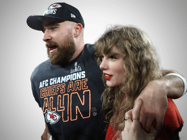 Travis Kelce celebrates with Taylor Swift after the Kansas City Chiefs' 17-10 win against the Baltimore Ravens on January 28, 2024 in Baltimore, Maryland. (Photo by Patrick Smith/Getty Images)