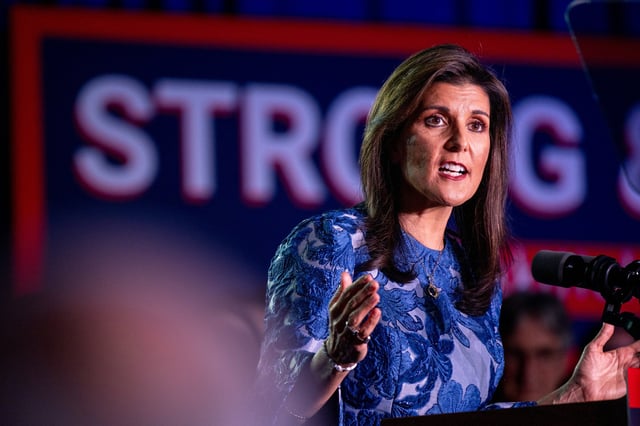 Republican presidential candidate Nikki Haley delivers remarks at her primary-night rally at the Grappone Conference Center, in Concord, N.H., on Jan. 23, 2024.